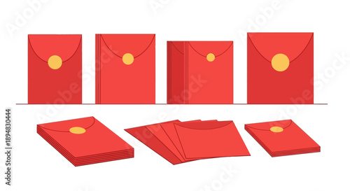 Illustration of red envelopes with golden seals on a white background, symbolizing good luck during the Spring Festival or Lunar New Year.