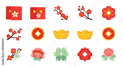 Vector illustration of Chinese New Year symbols, including red flowers, golden coins, and decorative icons on a white background, representing good luck and prosperity during the Spring