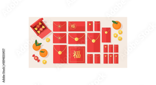 Vector illustration of red envelopes and oranges with golden accents on a beige background symbolizing good luck during the Spring Festival continued, Lunar New Year Day 3 in China.