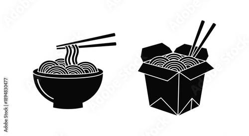 Noodle bowl and takeout container in a striking black silhouette