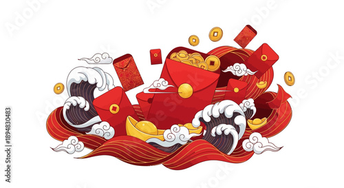Illustration of red envelopes and golden coins on a red background, symbolizing good luck during the Spring Festival continued, a Lunar New Year Day 3 celebration in China, with a joyful