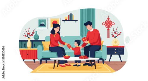 A family of three, including a mother, father, and child, celebrate Lunar New Year Day 3 in a cozy living room with red envelopes and decorations symbolizing good luck during the Spring