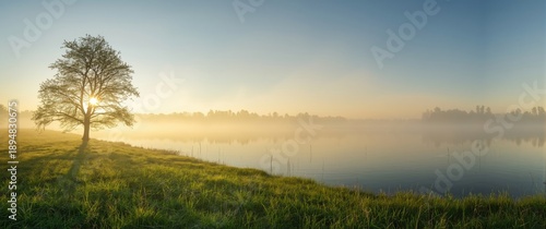 Panel kuchenny z motywem Sunlit morning mist at Randers Fjord featuring water, sky, and lush nature