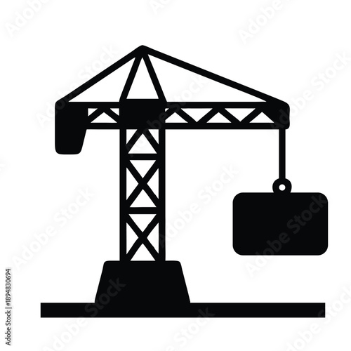 Minimalist black and white vector silhouette of a construction tower crane lifting a heavy rectangular load at a busy building.