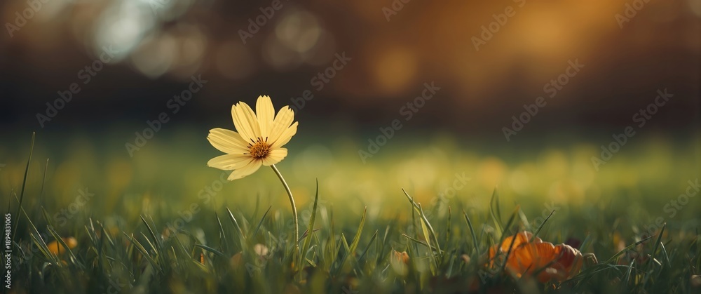 Fototapeta premium Blooming Light Yellow Cosmos Flower on Nature Background, Texture, Grass, Leaf, Floral, Autumn, Green Beauty