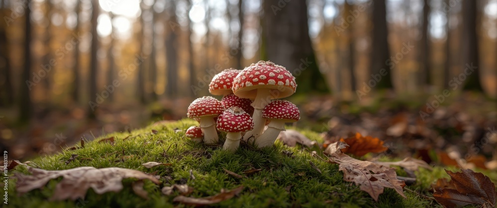 Fototapeta premium Fly agaric (Amanita muscaria) is a poisonous Toadstool Mushroom with red and white spots, seen in autumn season forests in Iserlohn Sauerland Germany. Macro from frog's point of view.