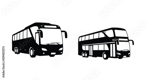 Two double decker buses shown in a stark black graphic silhouette