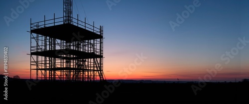 With the sun dipping below the horizon, casting a warm glow over the construction site, the scaffolding's silhouette stands tall as the dedicated crew wraps up their work
