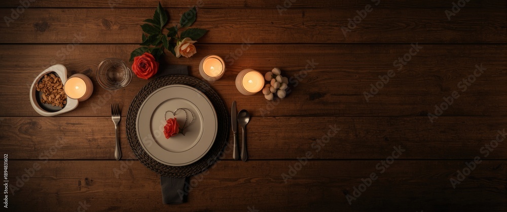 Fototapeta premium Valentine's Day or proposal background featuring a romantic dinner scene with wooden table, heart, rose, and cutlery overhead shot