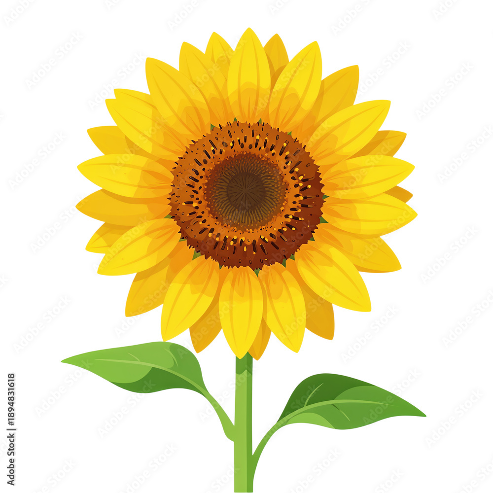 Obraz premium Bright Yellow Sunflower With Green Stem and Leaves isolated