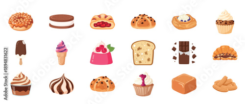 Assorted sweets and pastries collection: ice cream, cakes, cookies, bread, chocolate, croissant