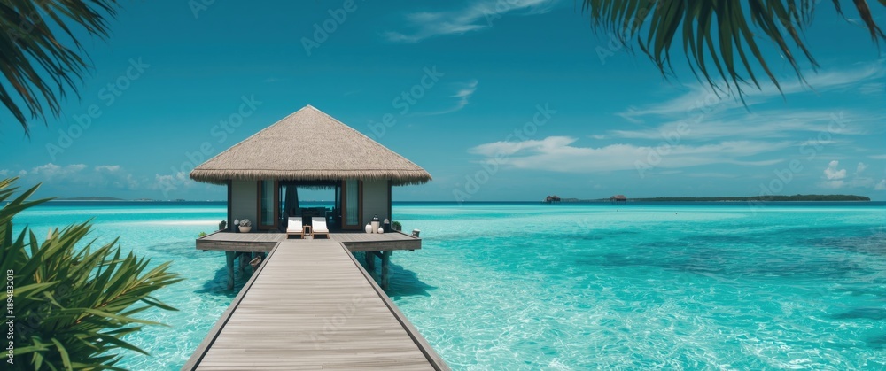 Naklejka premium Elegant romantic destination for honeymoon, charming wooden bungalow by the water with two deckchairs on the terrace, island vacation in summer