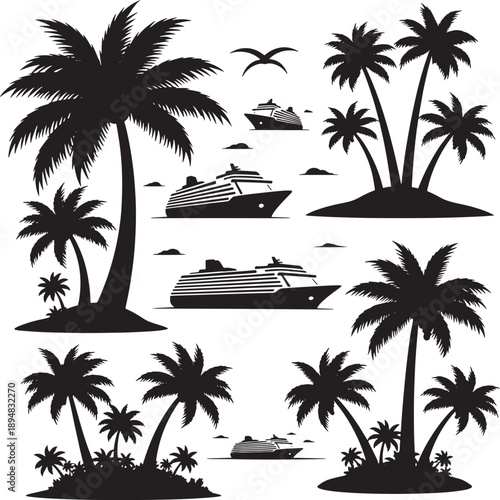 Tropical Cruise Ship Voyage with Palm Trees Silhouette Vector Illustration