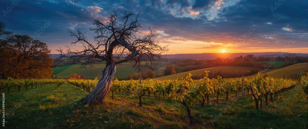Obraz premium Single gnarled tree standing alone before a vineyard during autumn at Laurenziberg, Germany