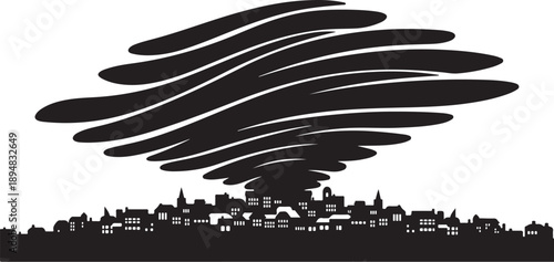 Tornado Over Cityscape in Black and White Illustration Style