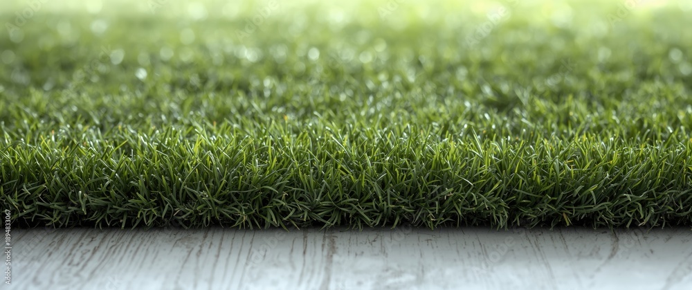 Obraz premium On the white wooden floor, there's a plush artificial turf carpet