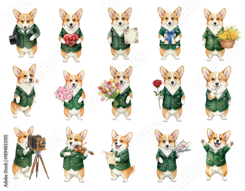 Watercolor corgi dog gentleman character set