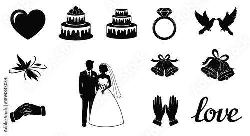 Collection of black and white wedding icons and symbols