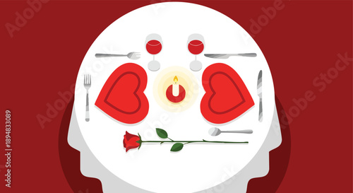 A modern Valentine's Day celebration of romance and self-care set for two with a candle, rose, and heart-shaped elements