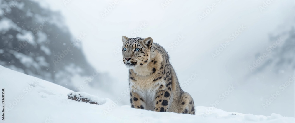 Fototapeta premium Snow Leopard with an inquisitive expression looking sideways at the camera