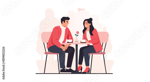 Celebrating Valentine's Day Modern Romance and the importance of Self-Care through shared moments of connection, enjoying a peaceful coffee date illustration
