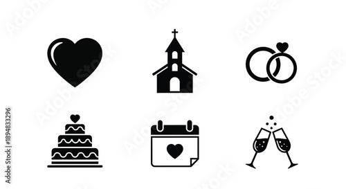 Collection of wedding icons including heart church and rings