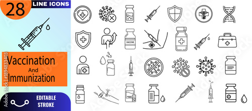 28 Vaccination and Immunization Line Icon Set. Vector pictograms of vaccine vial, syringe, immunity protection and healthcare safety. Outline thin linear illustration. Editable stroke.