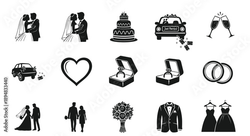Collection of wedding icons and symbols in black and white