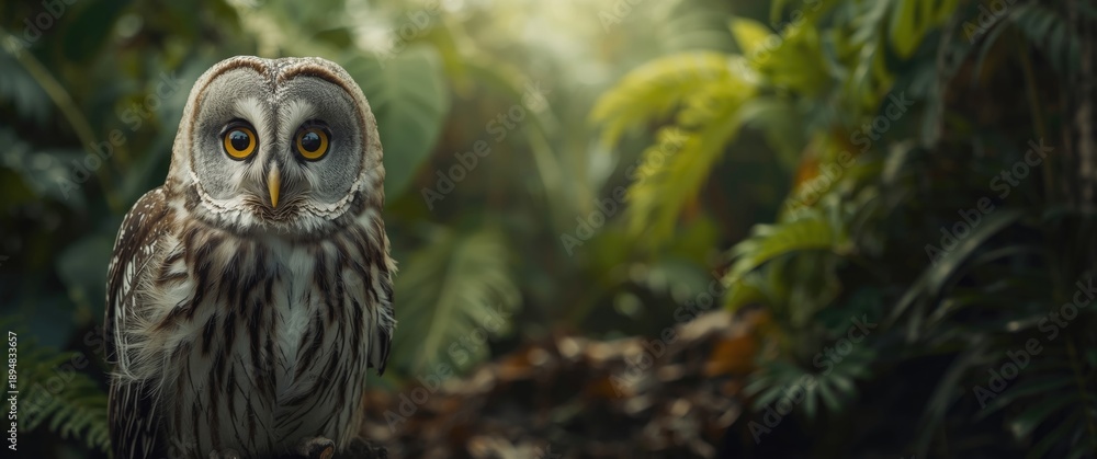 Fototapeta premium Close-up of an adorable owl's face featuring big eyes on a soft-focus background