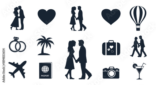 Collection of honeymoon travel and love icons