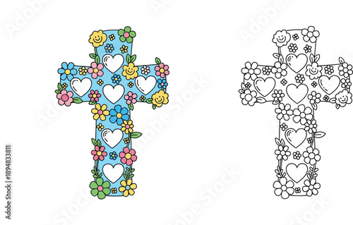 Cute floral Christian cross with hearts and smiling flowers vector illustration set including colored and black and white outline for coloring book