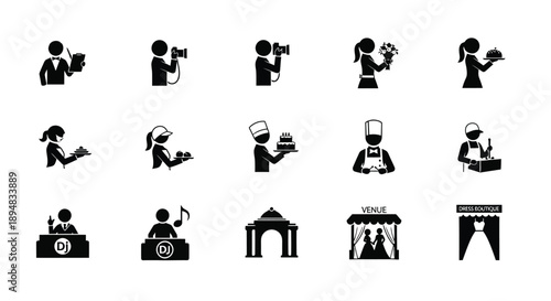Collection of wedding planner icons and symbols for event management