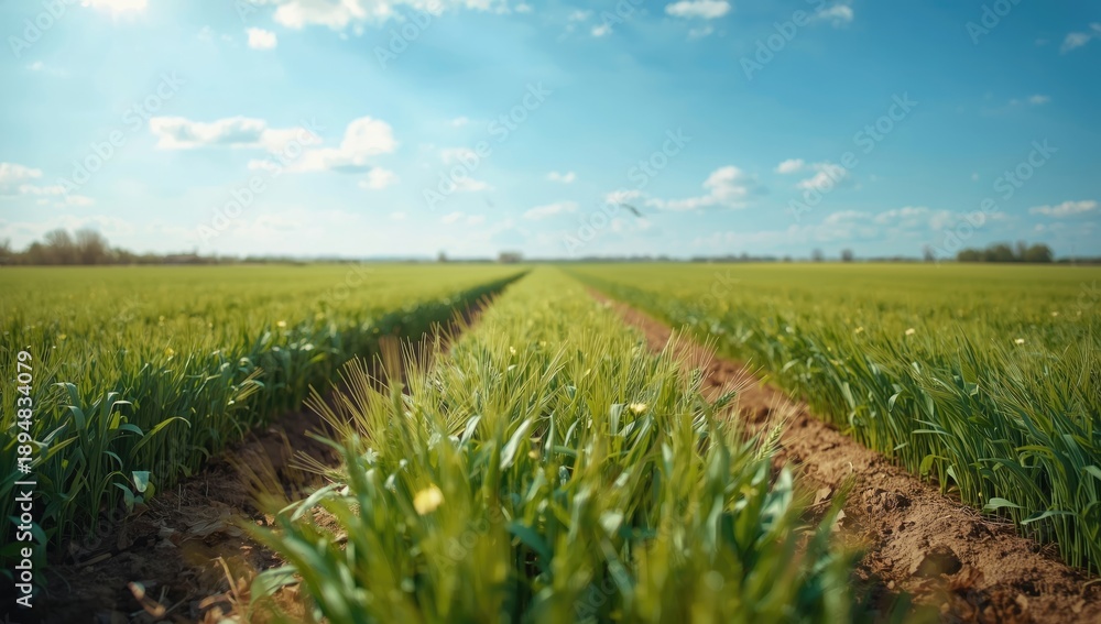 Fototapeta premium Young wheat seedlings thriving in a sunny spring landscape, highlighting crop development and seasonal planting