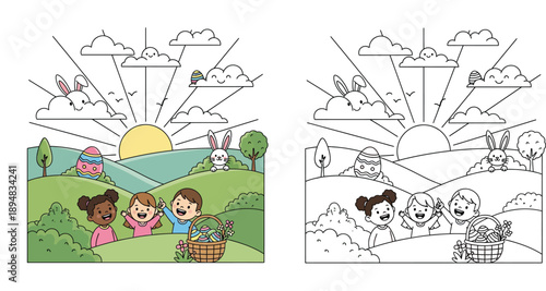 Happy children with Easter basket and bunny in nature landscape coloring page illustration vector art for kids activity