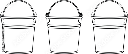 Plastic buckets line vector set empty container pail household cleaning storage illustration simple outline design
