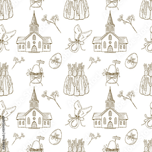 Seamless Easter pattern with church, eggs and traditional holiday food