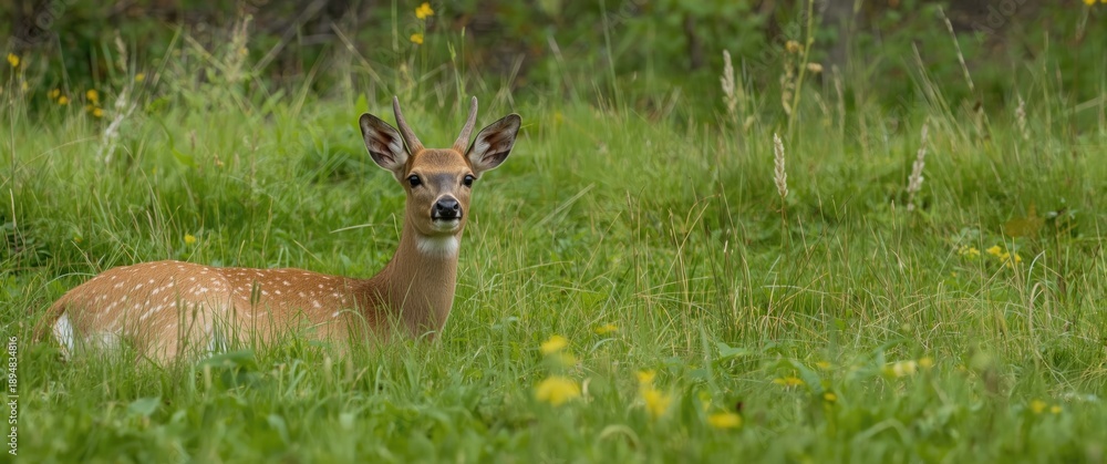 Naklejka premium Side view of a young female white-tailed deer lying in grass during spring morning at Leon-Provancher conservation area, Neuville, Quebec, Canada
