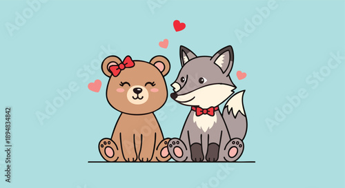 A charming bear and fox share a tender moment, illustrating Valentine's Day Modern Romance and Self-Care with heartwarming whimsical affection