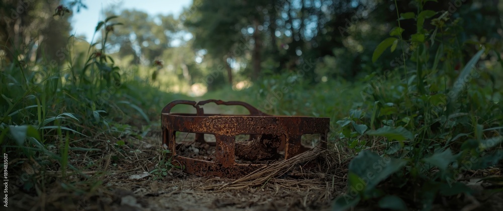 Fototapeta premium Antique animal trap with rust, designed for small-game hunting