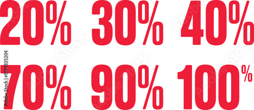 Set of collection of discount numbers red color sale icons tags with 20 30 40 70 90 percent discount