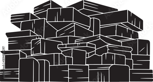 Black and white illustration of stacked wooden planks closely