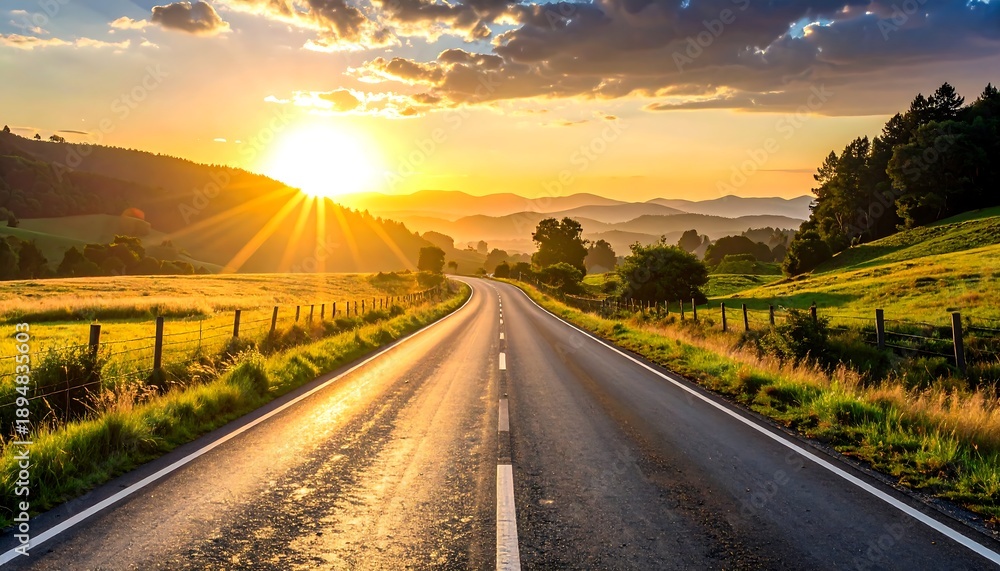 Obraz premium A scenic winding road stretches towards a golden sunset