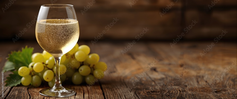 Naklejka premium Glass of white wine with fall grapes against a rustic wooden backdrop, focused selectively