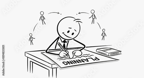 Stick Figure Man Planning Project at Desk with Team Collaboration.