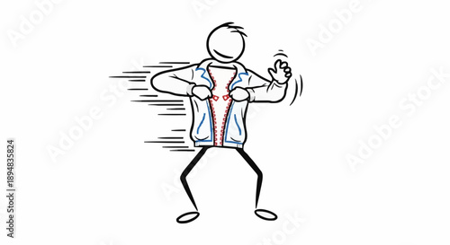 Stick figure man quickly putting on a jacket.