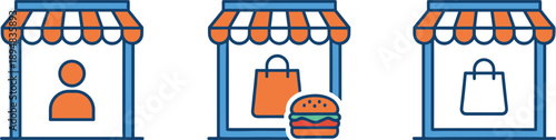 Small shop storefront icons vector set retail food takeaway ecommerce local business illustration design