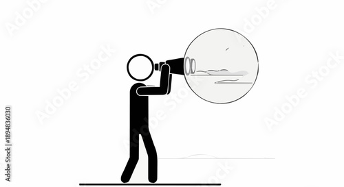 Stick figure looking through telescope at distant planet.