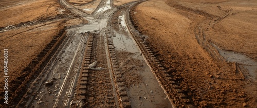 Close-up of vehicular wheel tracks on muddy ground with puddles and muddy sand backdrop