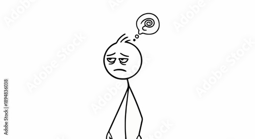 Stick figure looking tired and dizzy with a thought bubble showing a spiral.