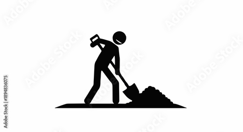 Stick Figure Man Digging Soil with Shovel.